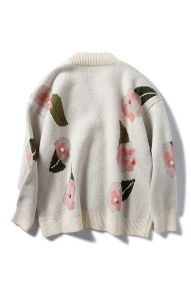 Casual Flower Leaf Pattern Pompom Decoration Button Up Loose Slouchy Knit Cardigan