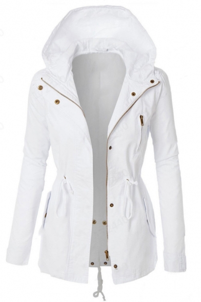 Casual Women's Long Sleeve Hooded Zipper Button Front Drawstring Pockets Side Fitted Plain Trench Coat