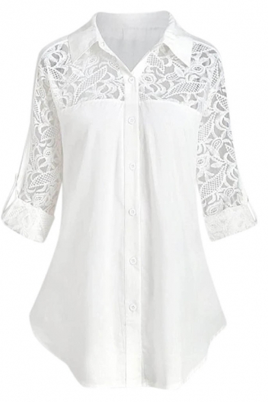 Casual Women's Roll Up Sleeve Lapel Neck Button Down Floral Embroidered Lace Patched Pleated Plain Shirt