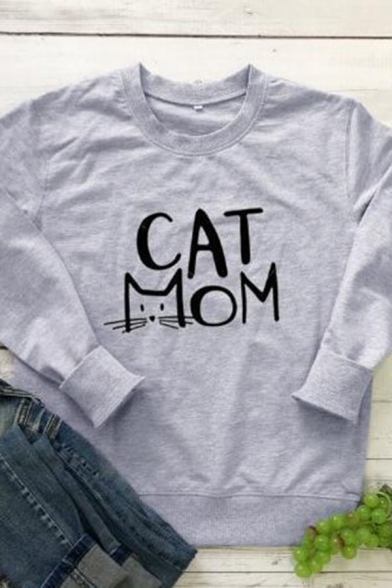 CAT MOM Letter Printed Long Sleeve Round Neck Relaxed Fit Leisure Sweatshirt