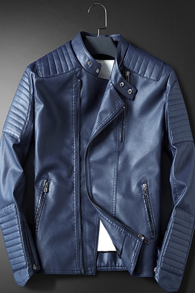 MK988 Mens Solid Color Stylish Slim Zip Up Pu Leather Moto Jacket Coat
