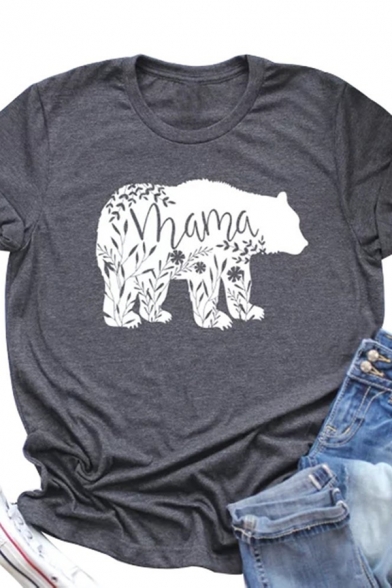 Cool Cute Roll Up Sleeve Crew Neck Letter MAMA Bear Printed Loose Tee for Girls
