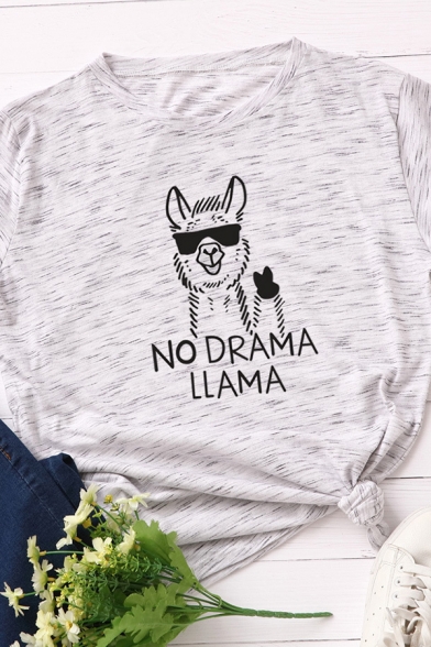 Cute Roll Up Sleeve Crew Neck Letter NO DRAMA LLAMA Alpaca Pattern Loose Tee for Girls