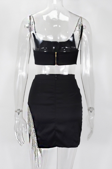Dancing Fashion Plain Cropped Cami Top with Rhinestone Tassel Mini Skirt Co-ords