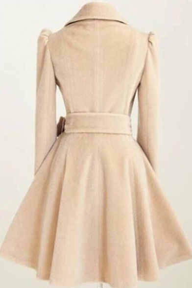 Dressy Elegant Long Sleeve Notch Collar Bow Tie Waist Pleated Plain Relaxed Wool Coat for Women