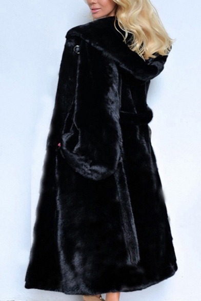 Dressy Fashion Long Sleeve Hooded Bow Tie Waist Oversize Maxi Plain Fur Mink Coat for Women