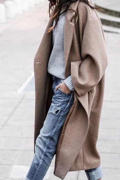 Elegant Khaki Long Sleeve Notch Collar Button Detail Oversize Maxi Wool Coat for Female
