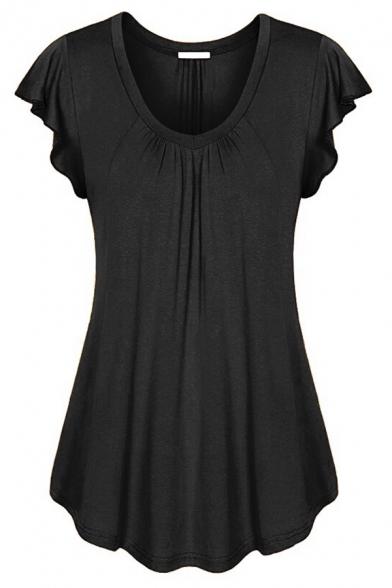 Elegant Ladies' Ruffled Sleeve Round Neck Pleated Relaxed Fit Plain T-Shirt
