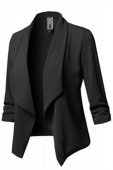 Elegant Women's Plain Long Sleeve Shawl Collar Asymmetric Fitted Draped-Front Blazer