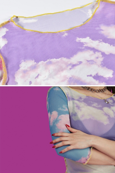Exclusive Purple Cloud Pattern 3/4 Length Sleeves Contrast Stitching Slim Fit Cropped Tee