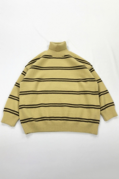 Exclusive Striped Pattern Turtle Neck Long Sleeve Baggy Knitted Boyfriend Sweater