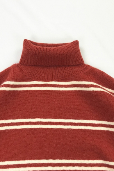 Exclusive Striped Pattern Turtle Neck Long Sleeve Baggy Knitted Boyfriend Sweater