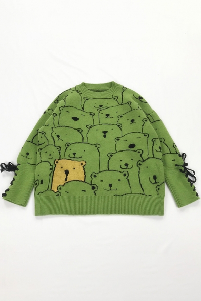 

Fancy Childlike Bear Pattern Long Sleeve Lace-Up Cuff Oversized Pullover Sweater, Green;beige;gray, LM579774