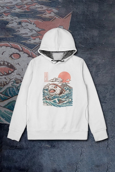 Fancy Sushi Shark and Sea Wave Printed Long Sleeves Unisex Drawstring Hoodie