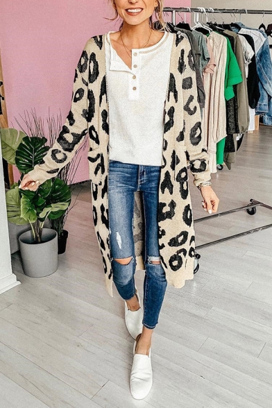Fashion Cool Girls' Long Sleeve Leopard Print Purl Knit Relaxed Fit Midi Cardigan