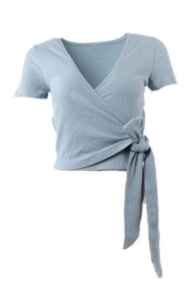 Fashion Cute Girls' Short Sleeve Surplice Neck Bow Tie Side Stripe Print Knit Fitted Wrap Tee