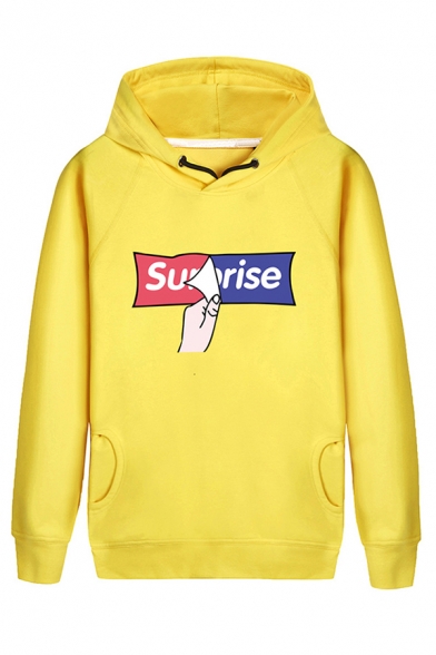 Funny Letter SURPRISE IMPOSSIBLE Print Long Sleeve Drawstring Hoodie with Side Pockets