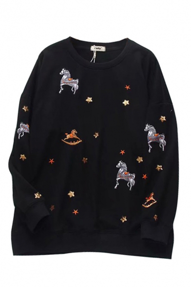 Girls Lovely Horse Embroidery Sequined Star Print Long Sleeve Crewneck Pullover Sweatshirt