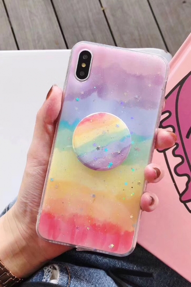 Girls Popular Rainbow Glitter Mobile Phone Case with Pop Socket Stand Holder