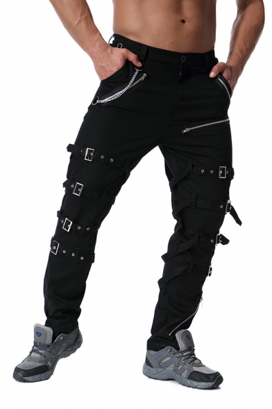 Hip Hop Plain Chain Buckle Decoration Zipper Fly Cargo Pants Leisure Trousers
