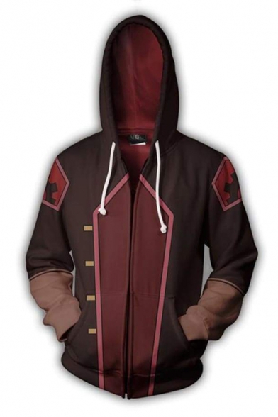 Hot Anime Cosplay Costume Colorblock Patch Long Sleeve Zip Up Brown and Red Hoodie