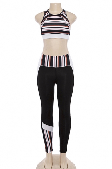 Womens Patchwork Stripes Two Piece Outfits Sleeveless Tank Crop Top High Waist Skinny Pants Set 