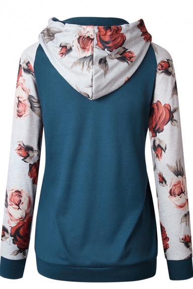 Ladies Stylish Floral Printed Long Sleeve Drawstring Pullover Hoodie with Pocket