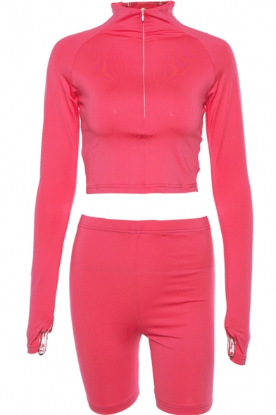 Ladies Trendy Plain Half Zip Long Sleeve Cropped Top with Skinny Shorts Active Co-ords