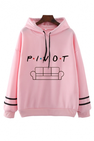 LOBSTER PIVOT Letter Print Striped Long Sleeve Drawstring Graphic Hoodie for Women