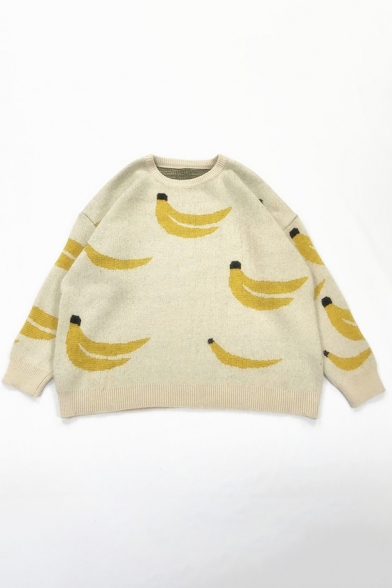 

Lovely Girls Simple Banana Printed Long Sleeve Round Neck Baggy Pullover Sweater, Khaki;coffee, LM579887