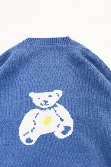 Lovely Teddy Bear Pattern Long Sleeve Boucle Knitted Oversized Pullover Sweater