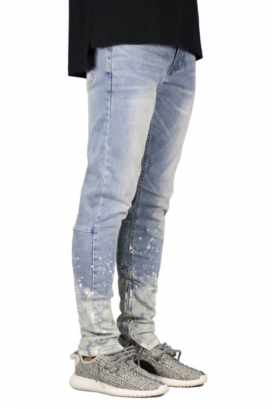 Men's Creative Spray Paint Printed Zipper Decoration Skinny Fit Casual Jeans
