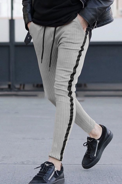 Mens Active Pinstripe Printed Drawstring Waist Side Stripe Skinny Fit Sport Pants