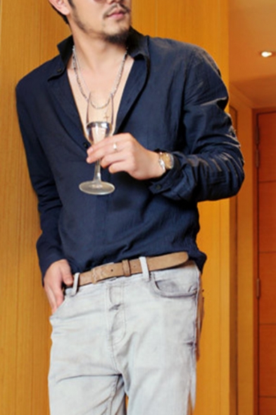 CYJ-shiba Mens Fashion Slim Cotton Linen Solid Thin Long Sleeve Button Down Shirt 