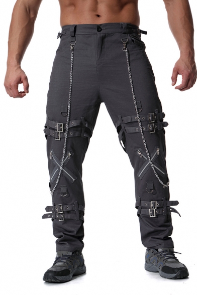 Mens Popular Buckle Chain Embellished Gothic Pants Solid Color Zipper ...