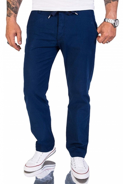 Mens Trendy Plain Flap Pocket Back Loose Fit Mid-rised Linen Casual Pants