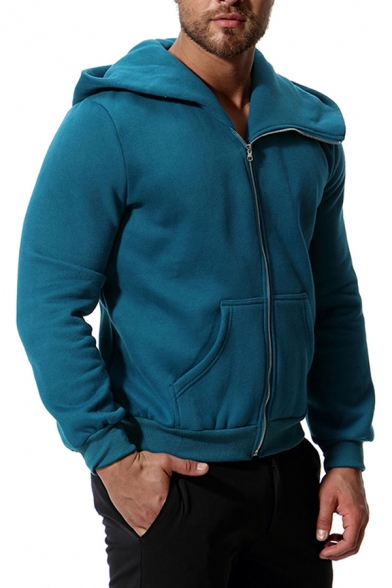 Mens Unique Long Sleeve Zip Placket Slim Fitted Solid Color Leisure Hoodie with Pocket