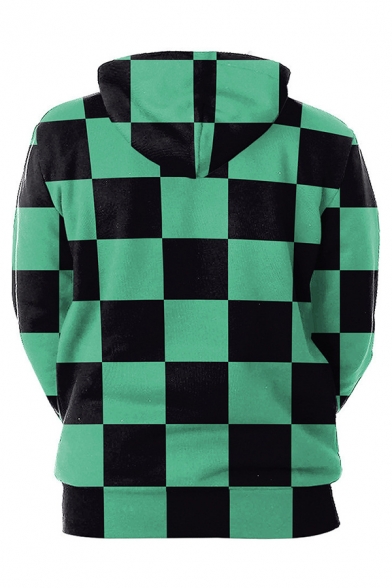 New Stylish Plaid Triangle 3D Print Colorblock Patchwork Long Sleeve Drawstring Hoodie