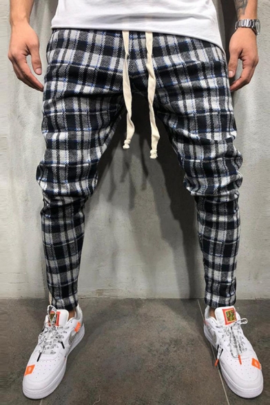 Popular Checked Printed Drawstring Waist Stripe Patchwork Casual Pencil Pants