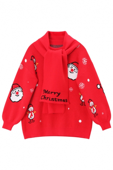 Popular Chic Balloon Sleeve Crew Neck Santa Claus Printed Letter MERRY CHRISTMAS Oversize Knit Pullover Sweater with Scarf for Girls