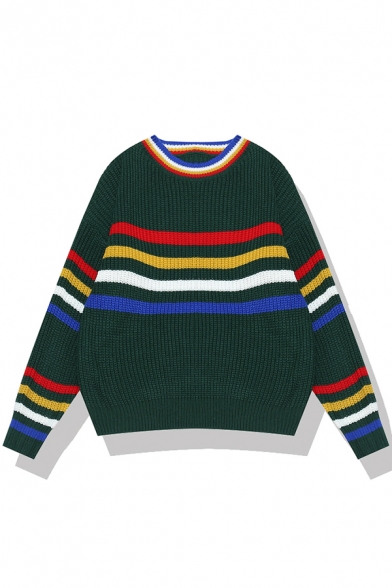 Popular Chic Girls' Long Sleeve Crew Neck Stripe Pattern Chunky Knit Oversize Pullover Sweater