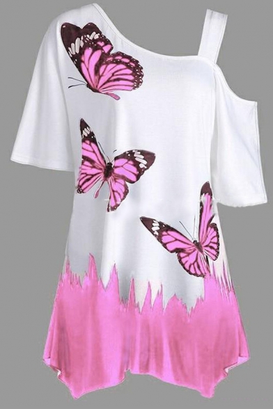 Popular Girls' Short Sleeve One Shoulder Butterfly Printed Contrasted Asymmetric Relaxed Fit Tee