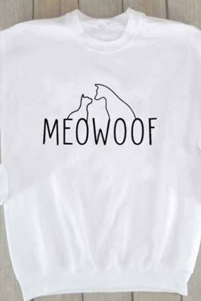Popular Letter MEOWOOF Printed Long Sleeve Round Neck Casual Loose Sweatshirt