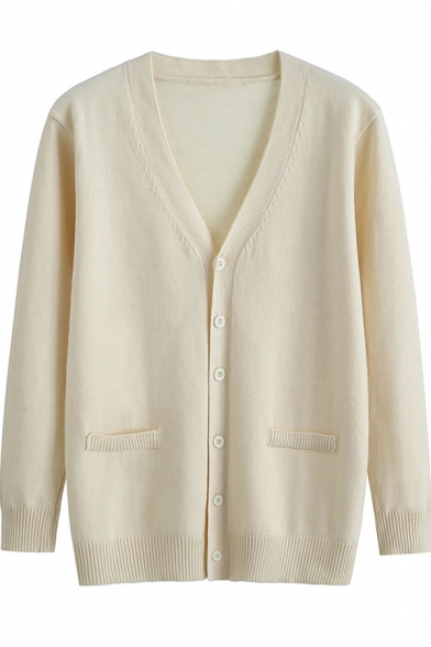 Preppy Chic Plain Apricot Long Sleeve Button Up Oversized Knit Sweater Cardigan