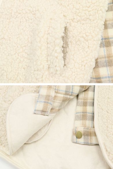 Preppy Looks Long Sleeve Lapel Collar Button Down Plaid Print Sherpa Oversize Jacket in Beige for Girls