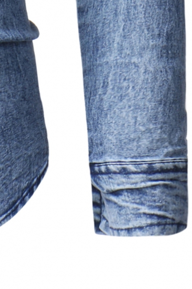 Regular Fashion Chest Flap Pocket Pleated Detail Long Sleeves Bleach Wash Rigid Denim Shirt