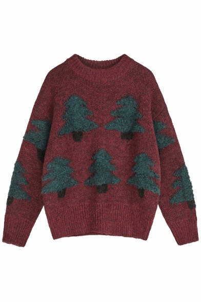 Simple Christmas Tree Print Long Sleeve Round Neck Oversized Pullover Knit Sweater