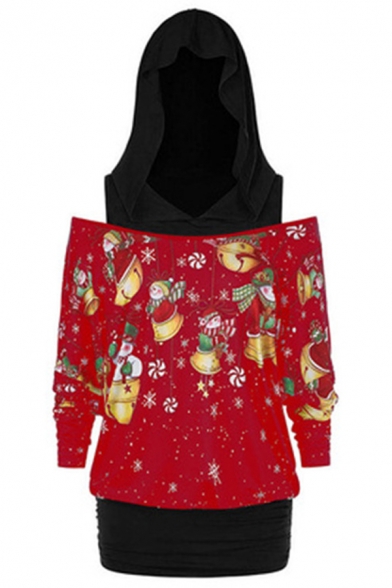 Stylish Christmas Jingle Bell Print Color Block Patch Cold Shoulder Long Sleeves Tunic Hoodie