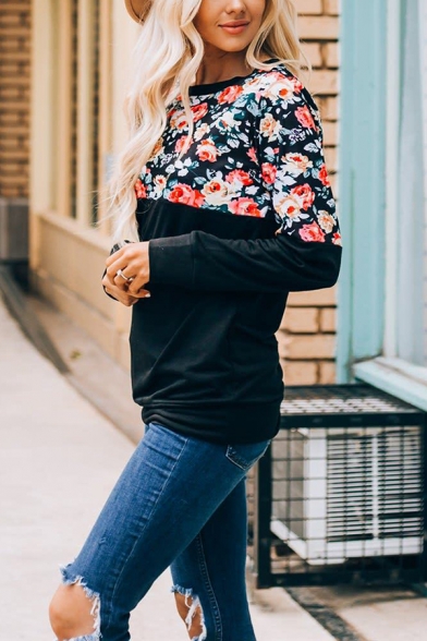 Stylish Ladies Long Sleeve Round Neck Floral Printed Thin Midi Relaxed Pullover Sweatshirt
