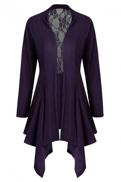 Trendy Ladies' Long Sleeve See-Through Mesh Patched Asymmetric Pleated Plain Fitted Dress Coat